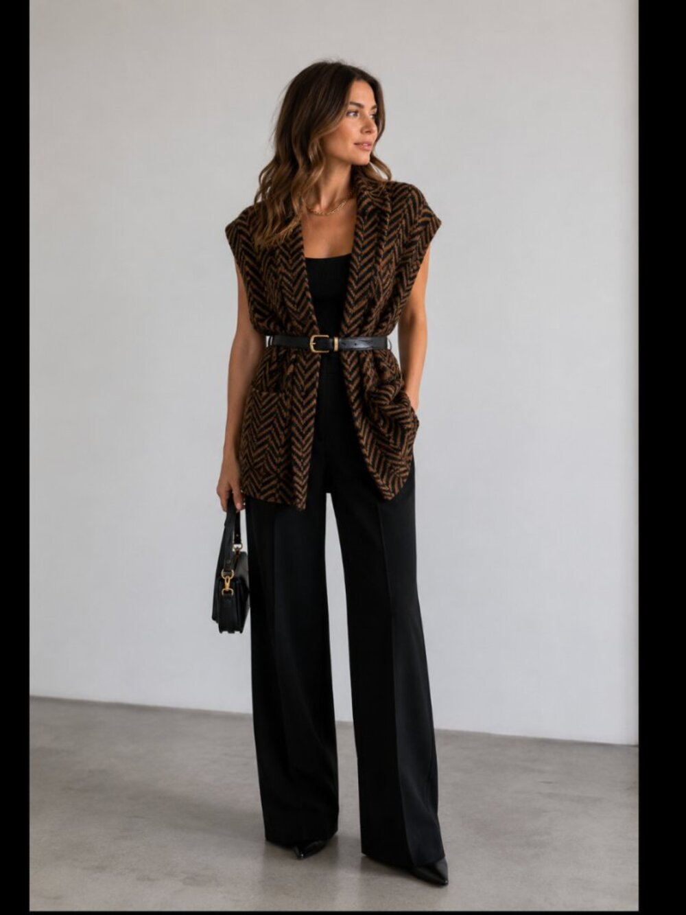 Elizabeth & James Black Brown Angora Wool Knit Duster Coat Belted Small Chevron